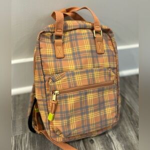 Backpack Women's Orange tan and yellow plaid.